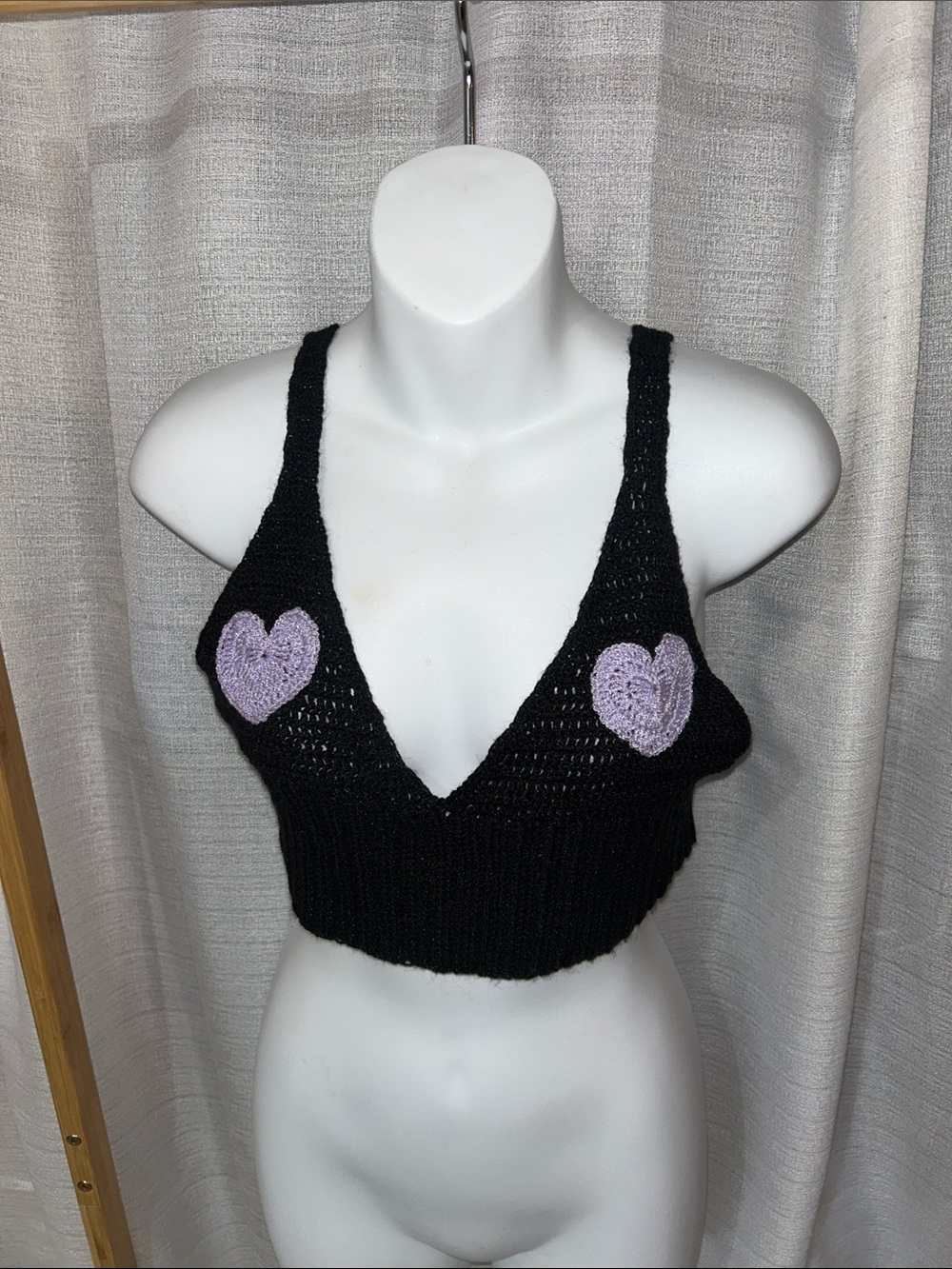 Black Crochet V-Neck Crop Top with Lavender Heart Appliqués